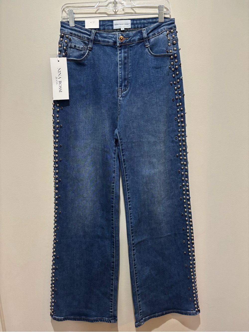 Nina Rossi Silver Studded Wide Leg Jeans High Rise Embellished Festival Boutique